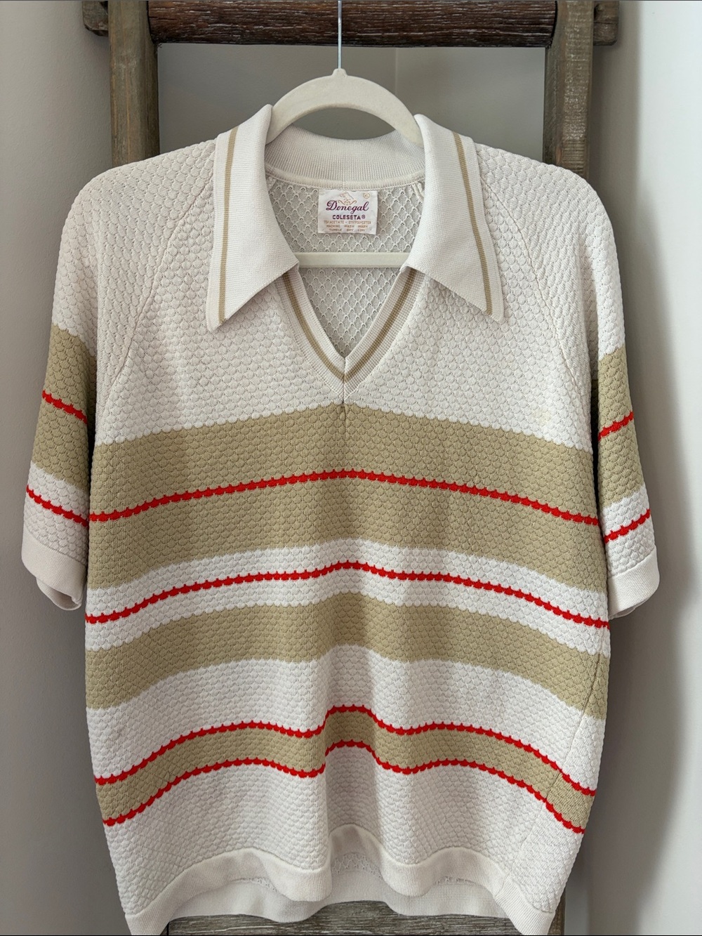 Vintage Donegal Colesta- Men's Beige Stripe Polo Sweater